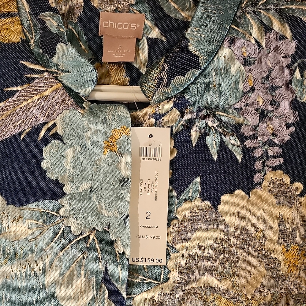 Chico's Elegant Jacquard  Floral Jacket in Blue and Gold SIZE 2/L